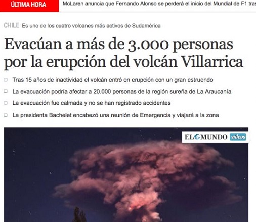 ERUPCION DEL VOLCAN VILLARRICA EN EL SUR DE CHILE