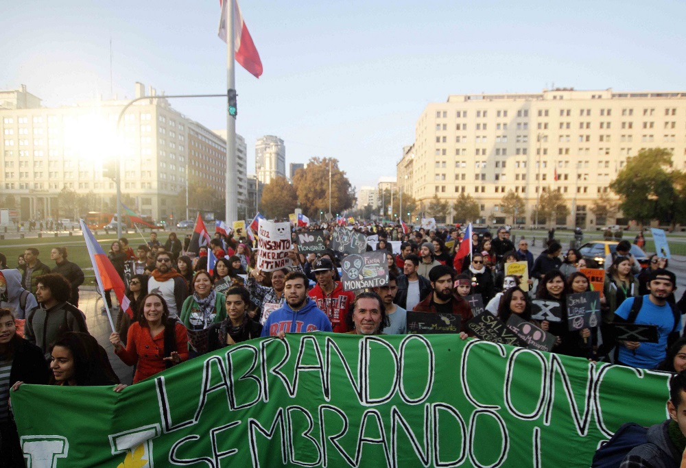 23 de Mayo del 2015 / SANTIAGO  Cientos de manifestantes marcharon por la Alameda en contra de la empresa Monsanto, organizada por el Colectivo Ecológico de Acción y otras nueve organizaciones ecologistas.  FOTO:VICTOR PEREZ/AGENCIAUNO