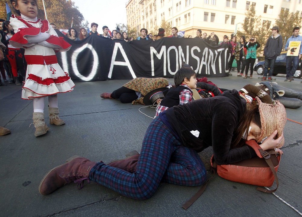 23 de Mayo del 2015 / SANTIAGO  Una mujer acostada en el suelo realiza una intervención urbana, durante la marcha en contra de la empresa Monsanto, organizada por el Colectivo Ecológico de Acción y otras nueve organizaciones ecologistas.  FOTO:VICTOR PEREZ/AGENCIAUNO
