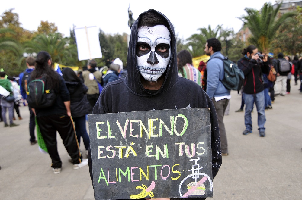23 de Mayo del 2015 / SANTIAGO  Con una calavera dibujada en su rostro y un cartel en sus manos, un hombre se manifiesta previo a la marcha contra la empresa Monsanto, organizada por el Colectivo Ecológico de Acción y otras nueve organizaciones ecologistas.  FOTO: SEBASTIAN BELTRAN GAETE / AGENCIAUNO