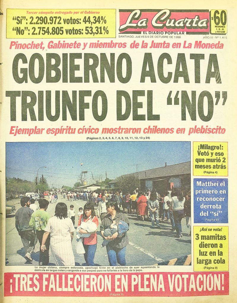 portada del 6 de octubre de 1988 de La Cuarta consigna que "Gobierno acata el triunfo del No"
