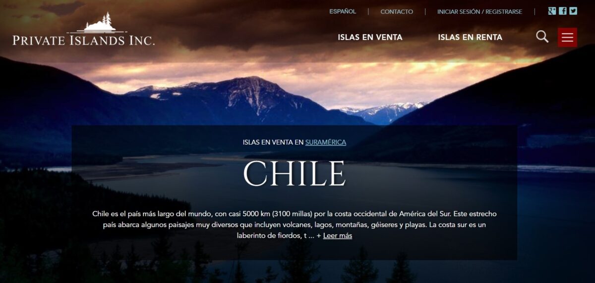 página web muestra el título "islas en venta en Suramérica" y describe a Chile en un pequeño resumen 