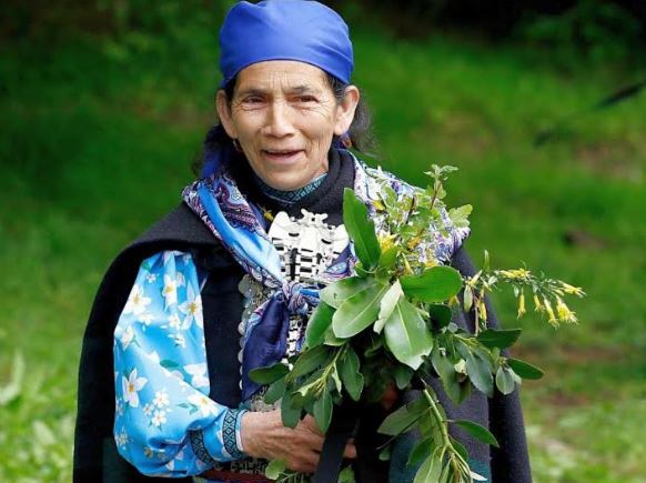 La foto muestra a la machi Francisca Linconao con flores en las manos. 