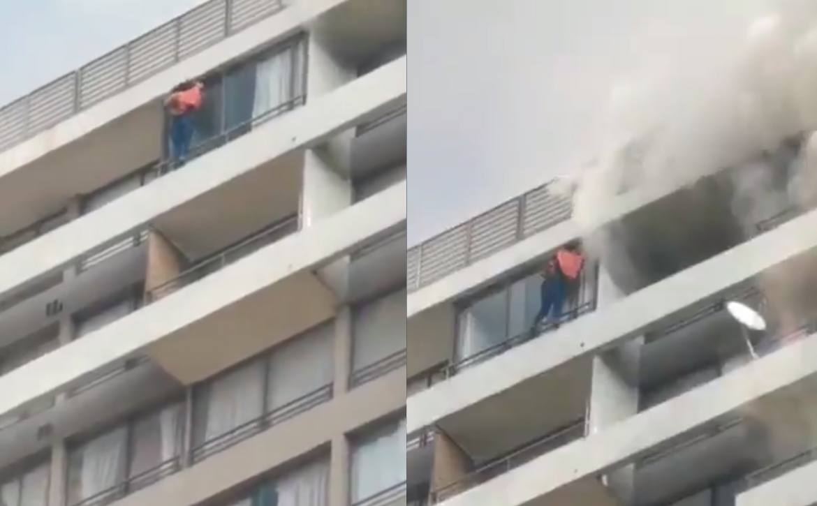 Mujer intenta escapar de incendio a más de 16 pisos de altura
