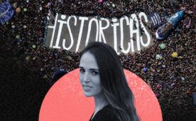 La imagen muestra a Montserrat Martorell frente a una manifestación feminista masiva del 8-M.