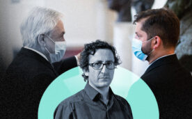 La imagen muestra al investigador Juan Fernández frente a Piñera y Boric