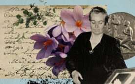 El collage muestra a Gabriela Mistral frente a una carta, el premio nobel y flores