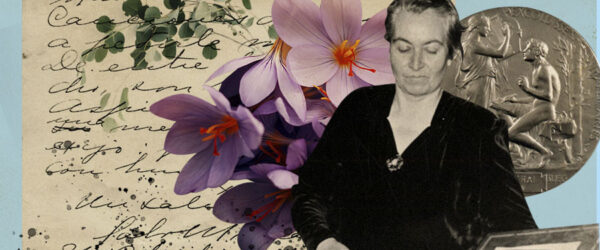El collage muestra a Gabriela Mistral frente a una carta, el premio nobel y flores